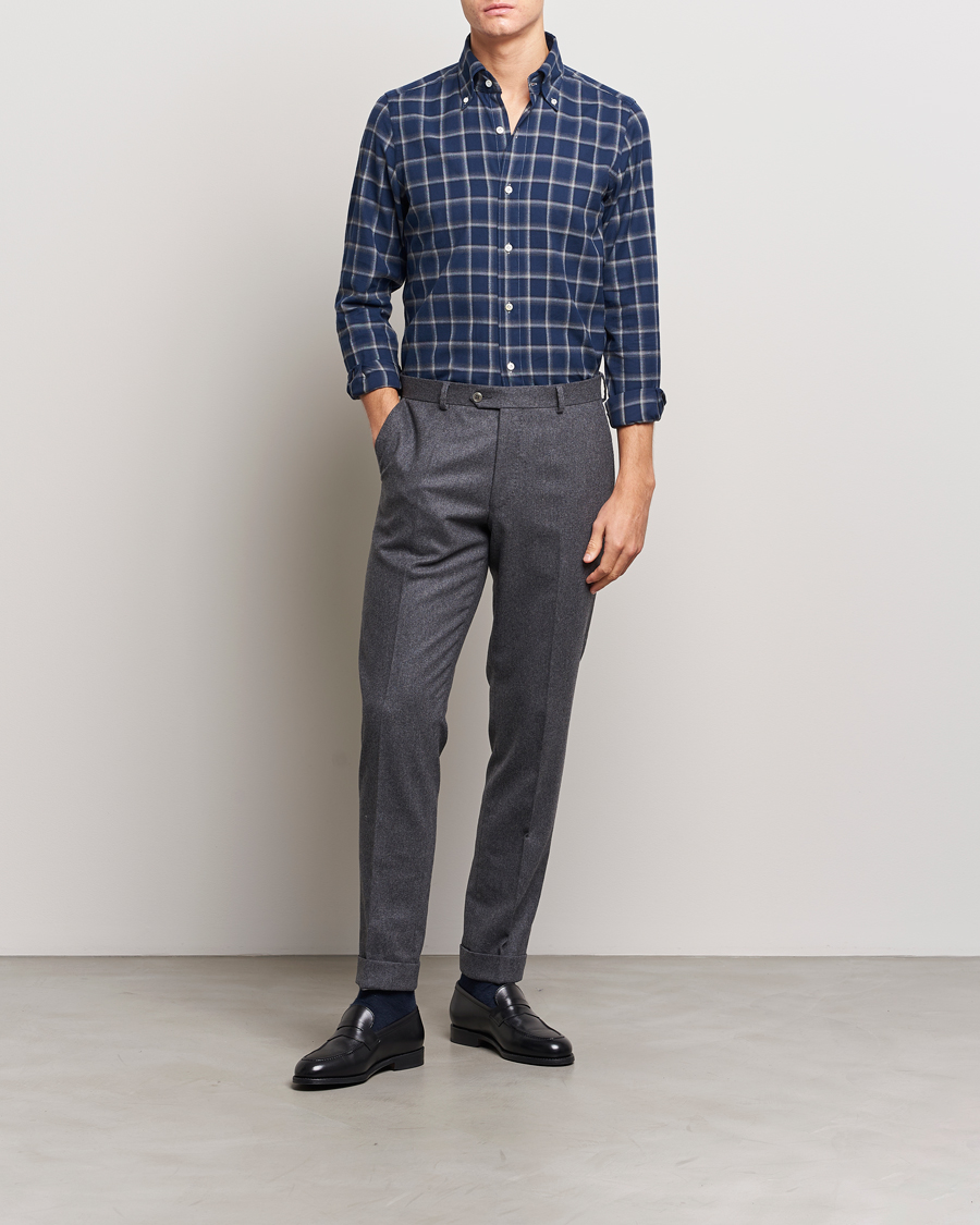 Herren | Hemden | Finamore Napoli | Tokyo Slim Flannel Button Down Shirt Navy Check