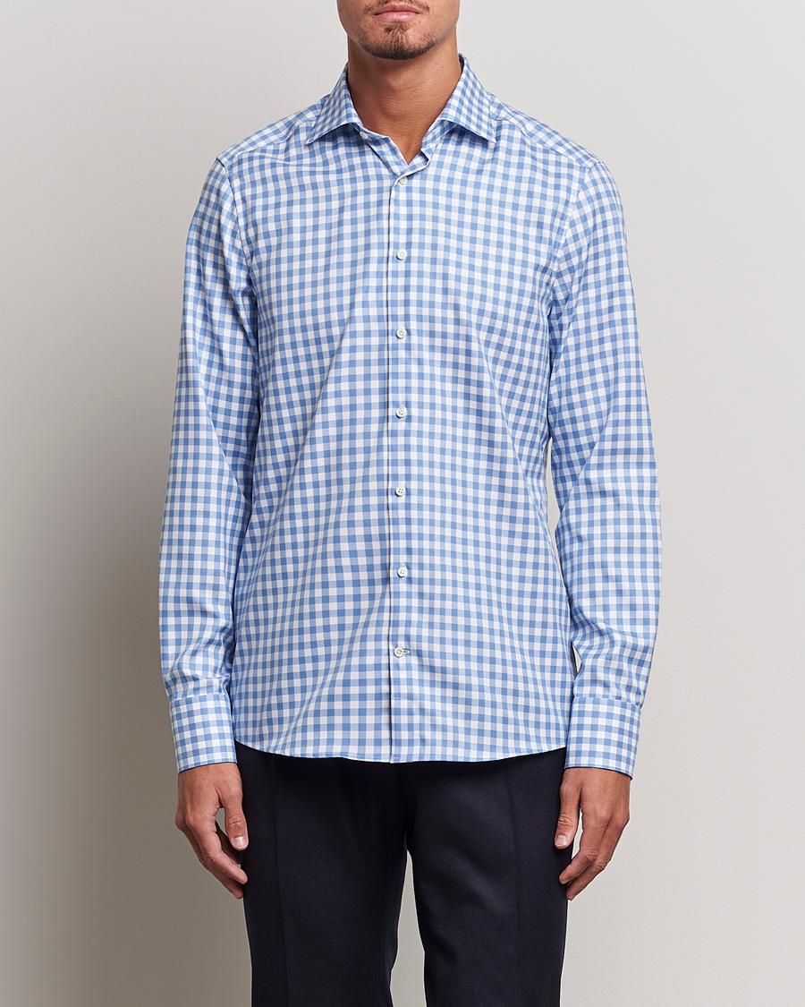 Herren | Hemden | Stenströms | Slimline Check Cut Away Shirt Light Blue