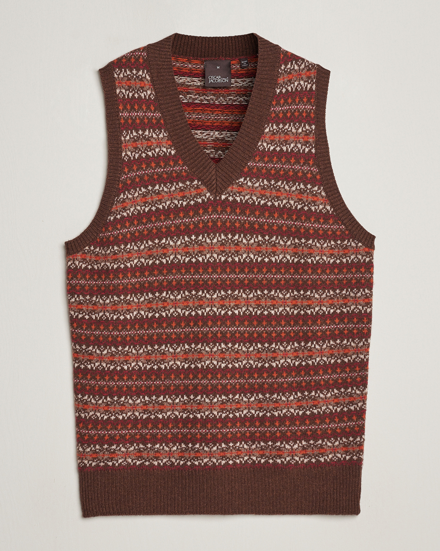 Herren | Pullover | Oscar Jacobson | Lucas Fairisle Wool/Cashmere Vest Red