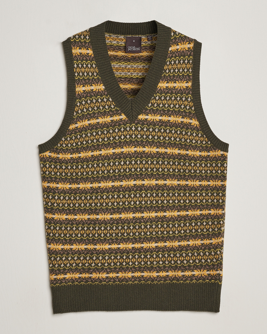 Herren | Pullover | Oscar Jacobson | Lucas Fairisle Wool/Cashmere Vest Green