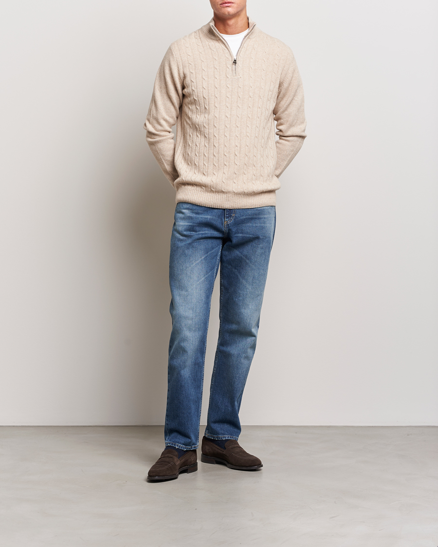 Herren | Pullover | Oscar Jacobson | Percy Wool/Cashmere Knitted Half Zip Beige