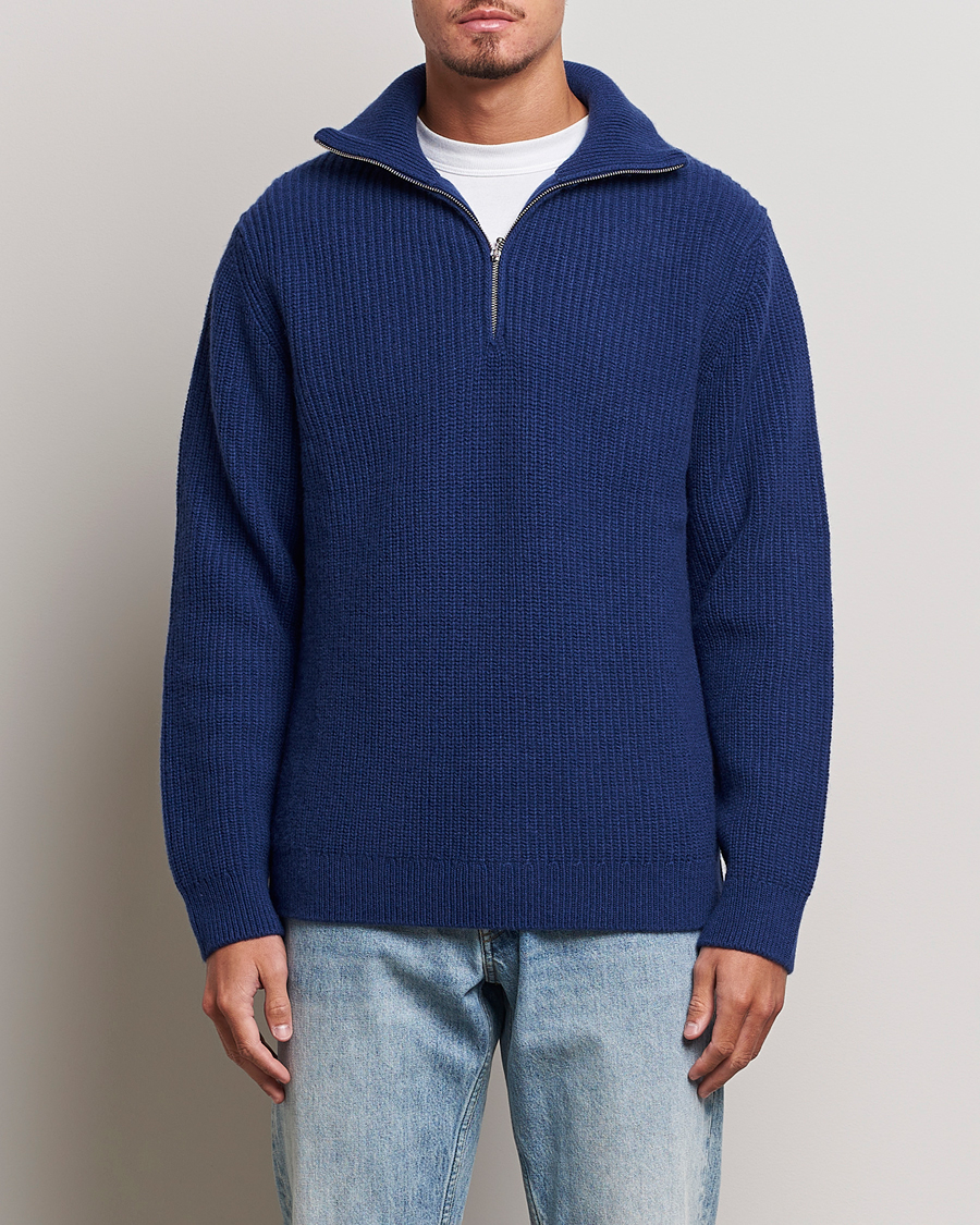 Herren | Pullover | Nudie Jeans | August Wool Rib Knitted Half Zip Royal Blue