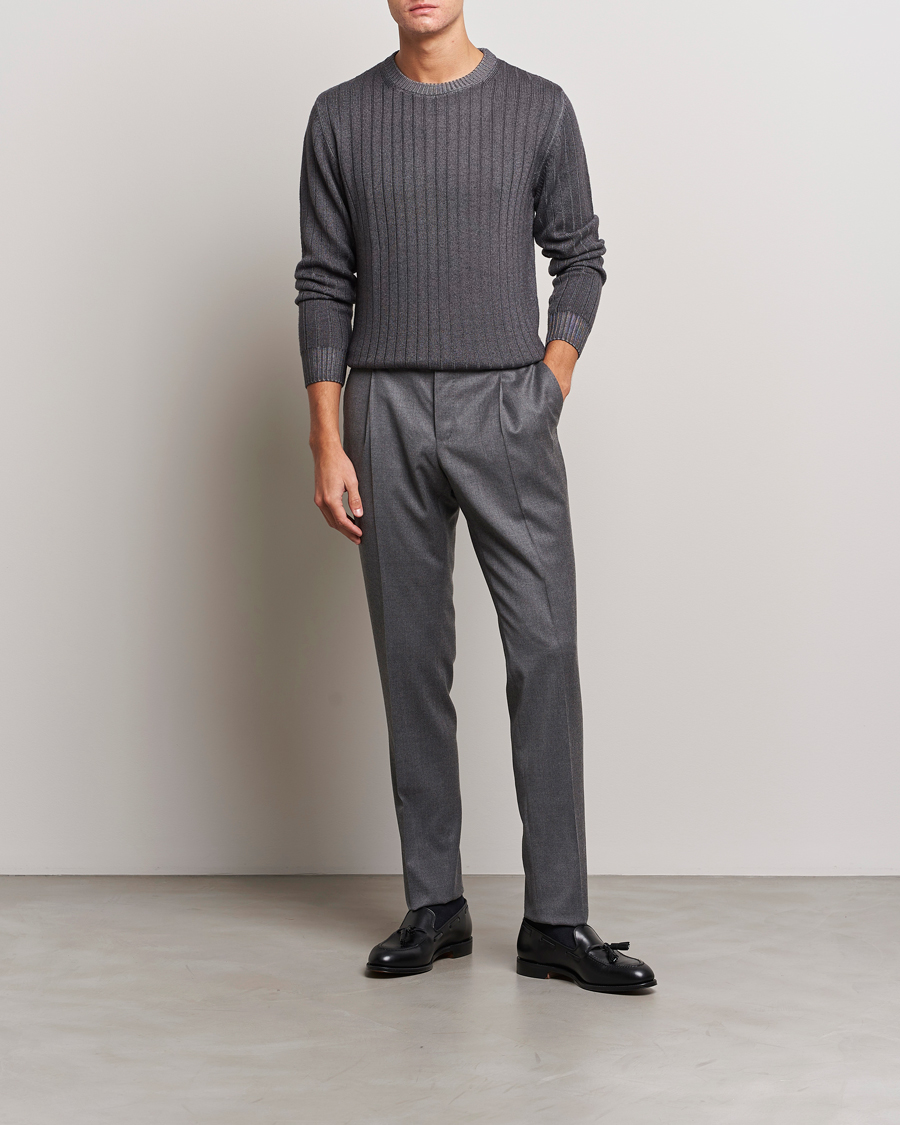 Herren | Pullover | Stenströms | Garment Dyed Ribbed Merino Wool Crewneck Grey