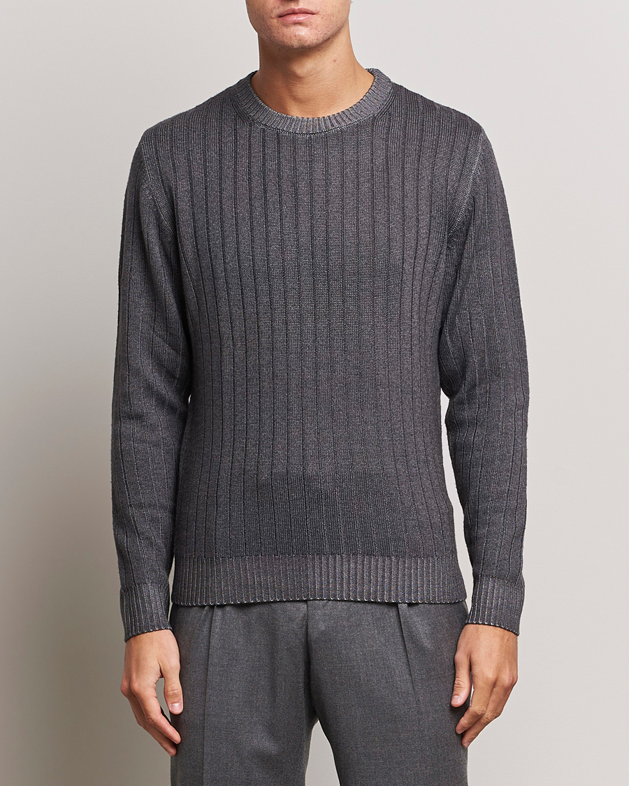 Herren | Pullover | Stenströms | Garment Dyed Ribbed Merino Wool Crewneck Grey