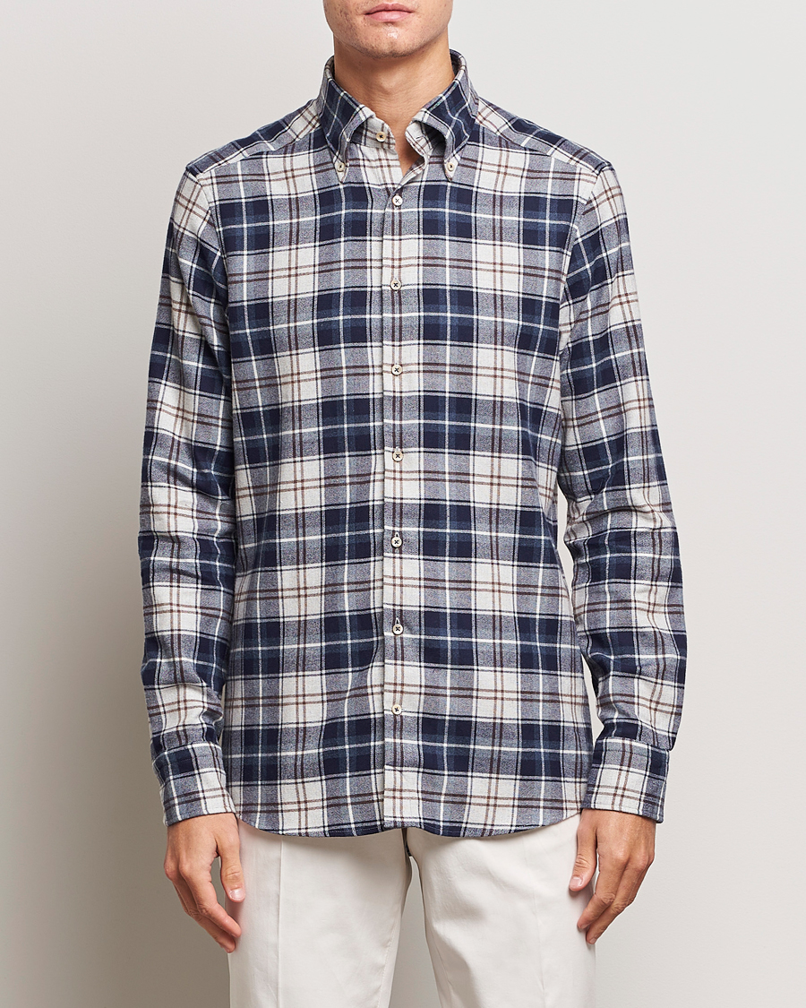 Herren | Hemden | Stenströms | Slimline Checked Button Down Flannel Shirt Blue