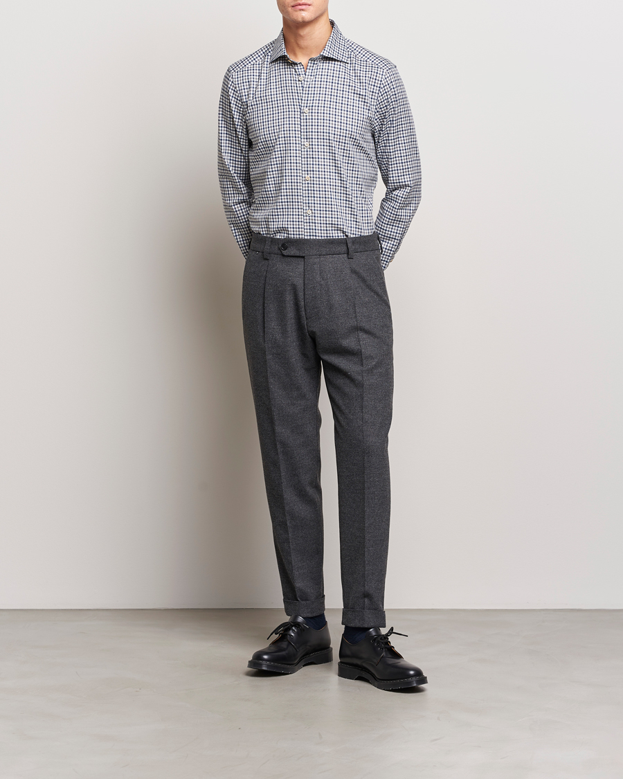 Herren | Hemden | Stenströms | Slimline Small Checked Flannel Shirt Blue/Grey