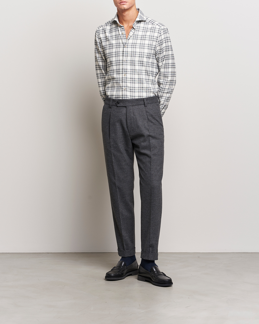 Herren | Hemden | Stenströms | Slimline Checked Cut Away Flannel Shirt White/Black