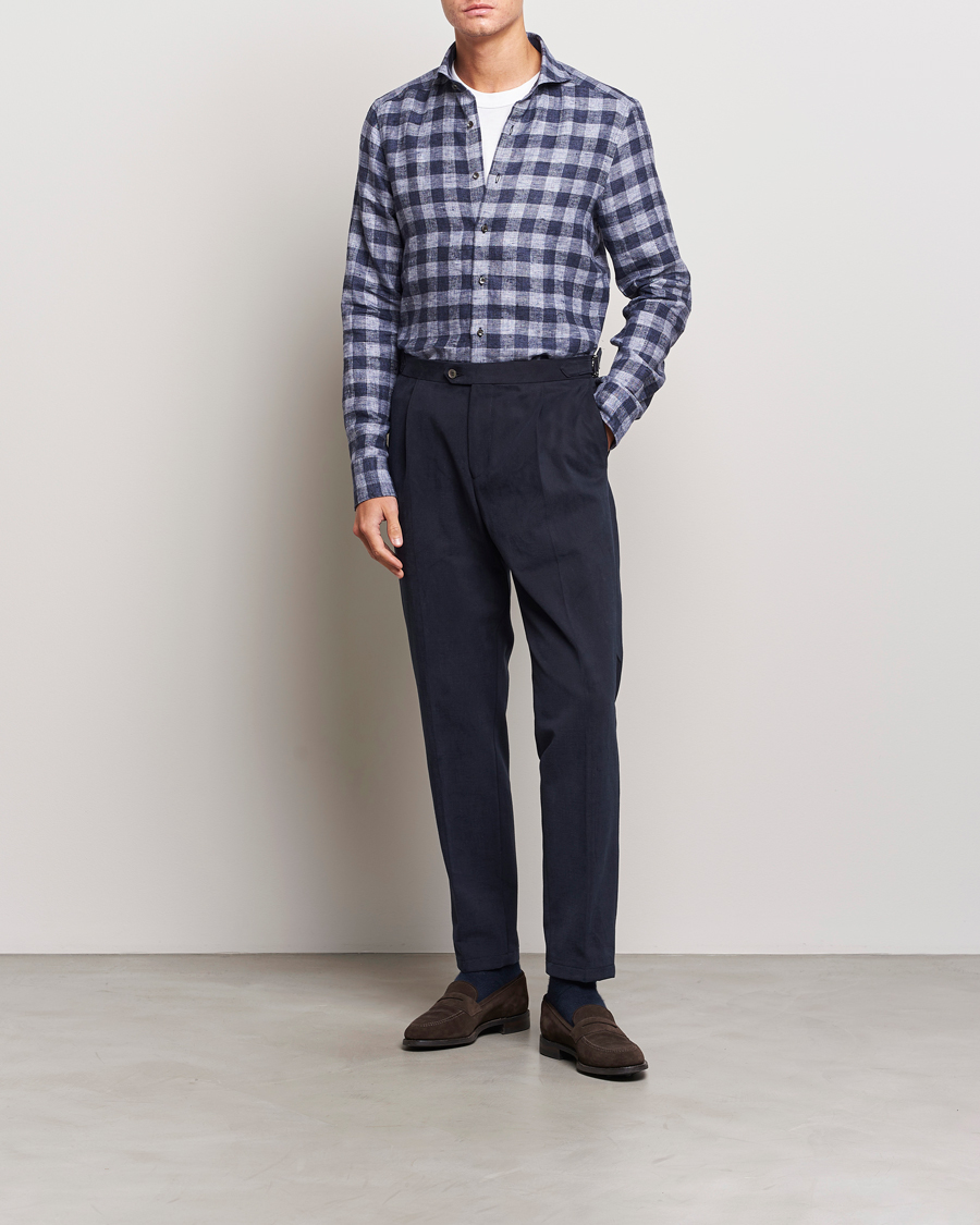 Herren | Hemden | Stenströms | Slimline Checked Linen Flannel Shirt Blue