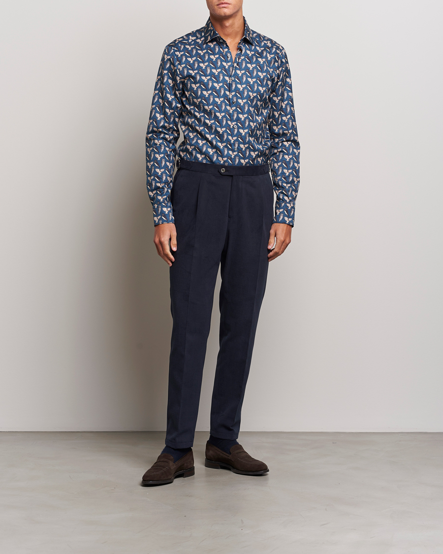 Herren | Hemden | Stenströms | Slimline Owl Printed Cut Away Shirt Blue