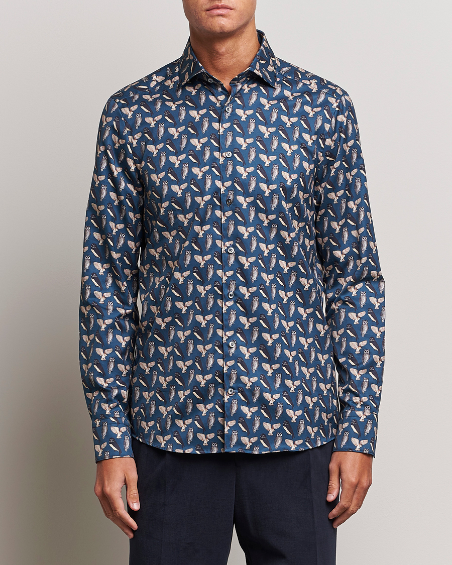 Herren | Hemden | Stenströms | Slimline Owl Printed Cut Away Shirt Blue