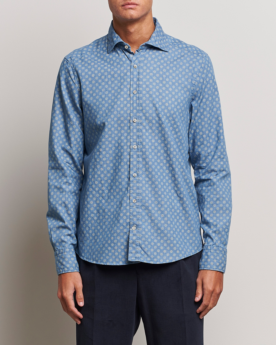 Herren | Hemden | Stenströms | Slimline Printed Cut Away Denim Shirt Light Blue
