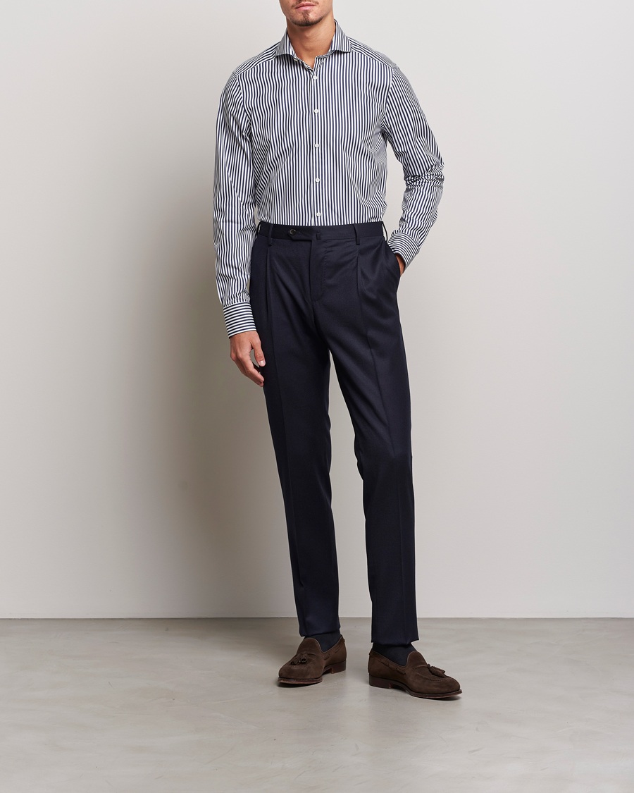 Herren | Hemden | Stenströms | Slimline Striped Popline Cut Away Shirt Navy