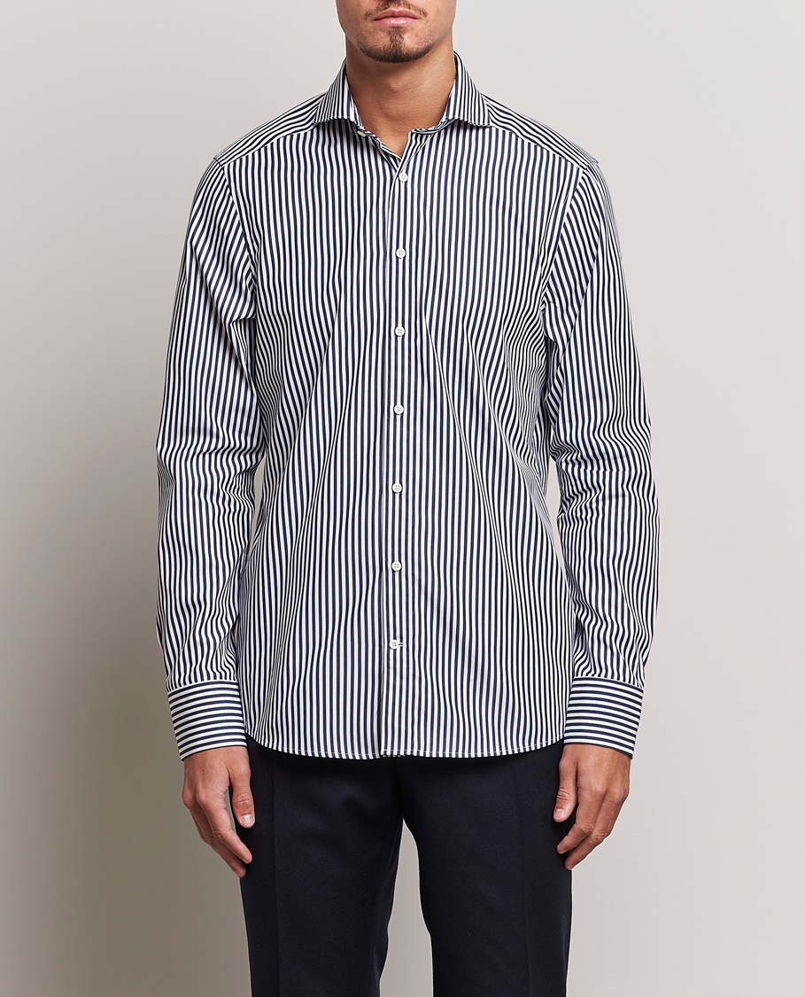Herren | Hemden | Stenströms | Slimline Striped Popline Cut Away Shirt Navy