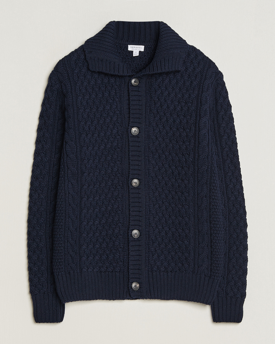 Herren | Pullover | Sunspel | Cable Knit Jacket Navy