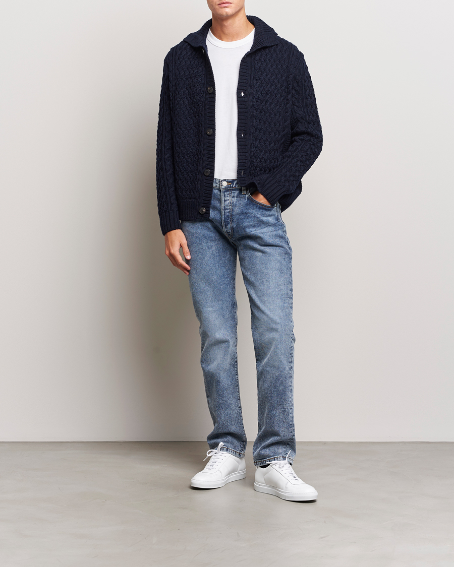 Herren | Pullover | Sunspel | Cable Knit Jacket Navy