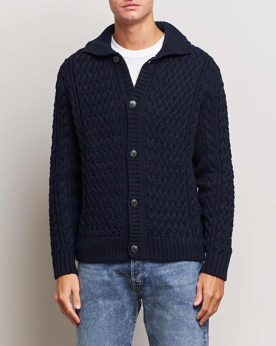 Herren | Pullover | Sunspel | Cable Knit Jacket Navy