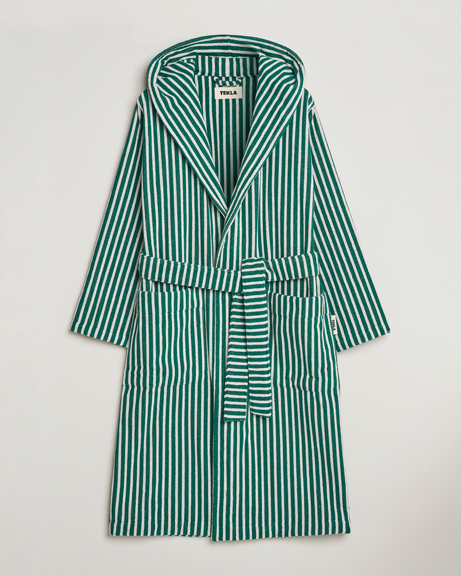 Herren | Schlafanzüge & Bademäntel | Tekla | Organic Terry Hooded Bathrobe Teal Green Stripes