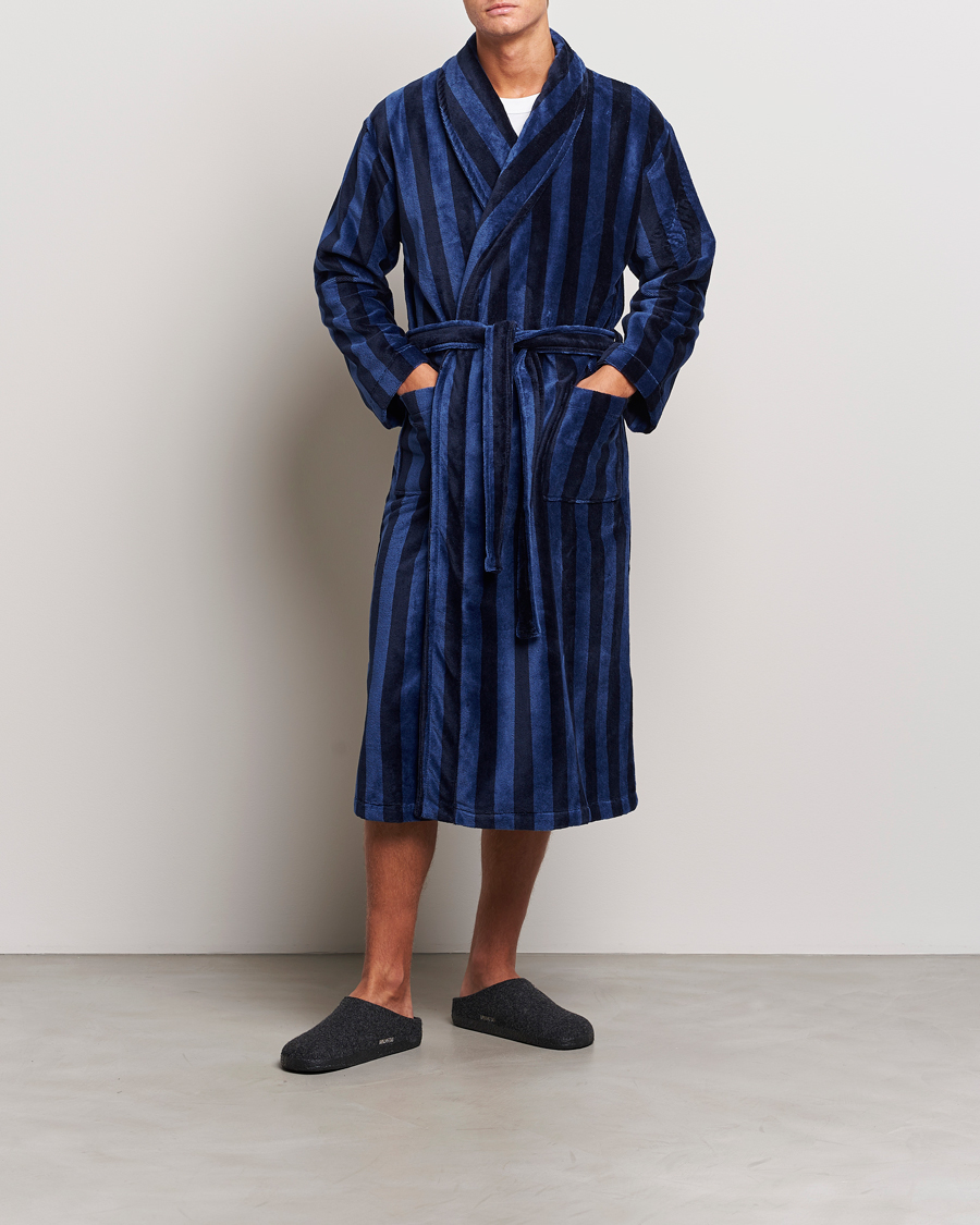 Herren | Schlafanzüge & Bademäntel | Derek Rose | Striped Cotton Velour Gown Navy