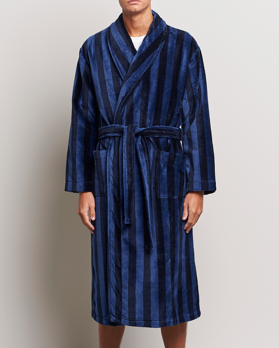 Herren | Kategorie | Derek Rose | Cotton Velour Striped Gown Navy/Blue