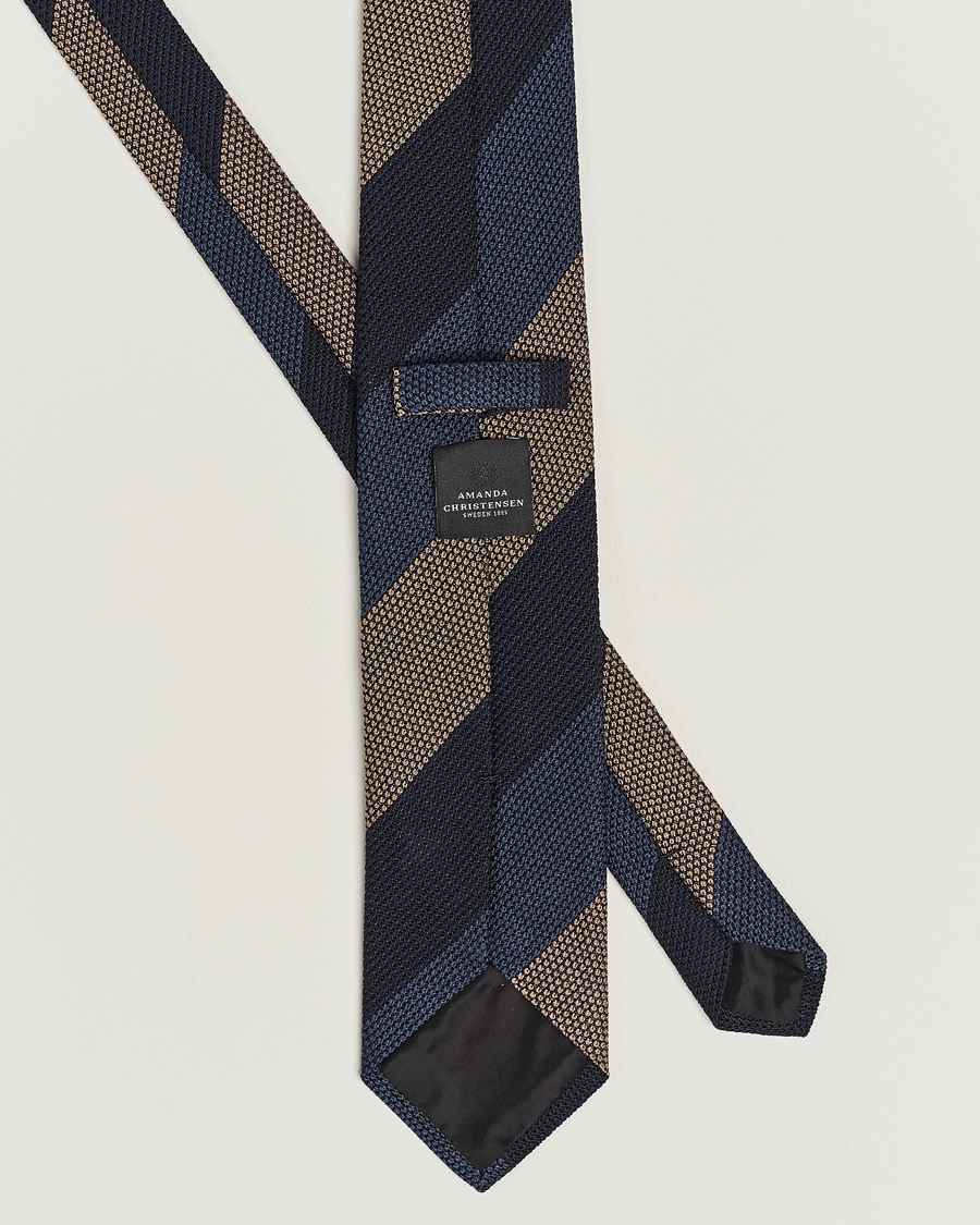 Herren | Amanda Christensen Silk Grenadine 8cm Block Striped Tie Navy/Blue/Beige | Amanda Christensen | Silk Grenadine 8cm Block Striped Tie Navy/Blue/Beige
