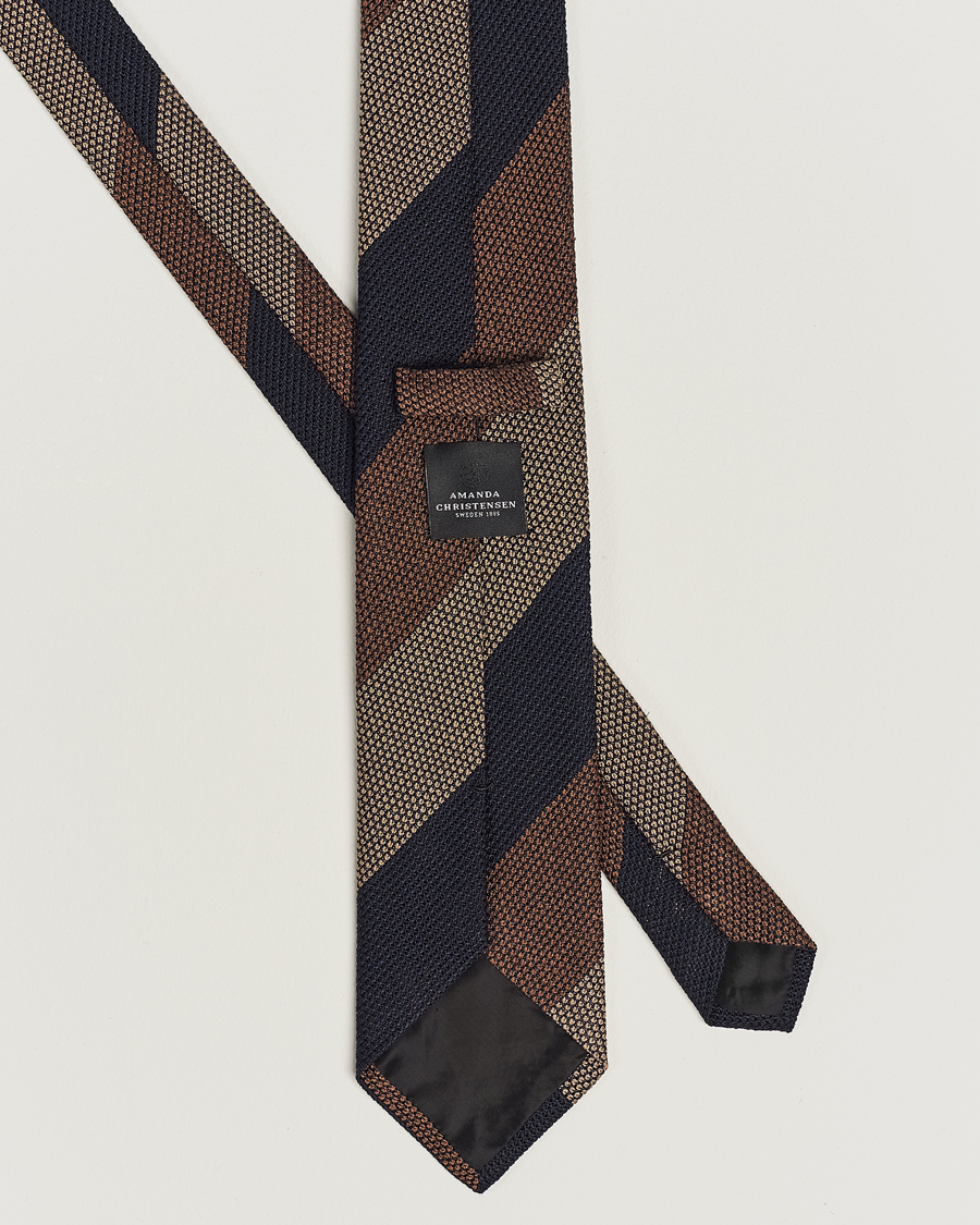 Herren | Amanda Christensen Silk Grenadine 8cm Block Striped Tie Brown/Navy/Beige | Amanda Christensen | Silk Grenadine 8cm Block Striped Tie Brown/Navy/Beige