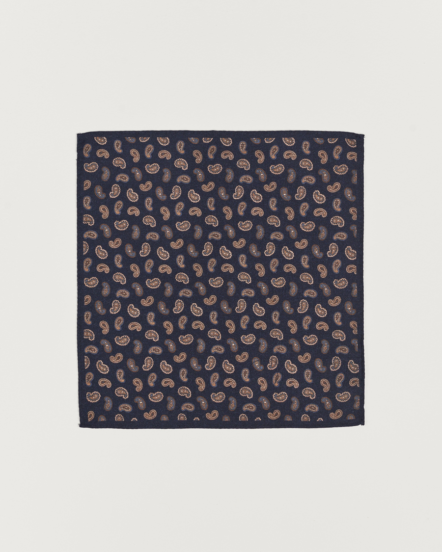 Herren | Amanda Christensen Wool Flannel Printed Paisley Pocket Square Navy | Amanda Christensen | Wool Flannel Printed Paisley Pocket Square Navy