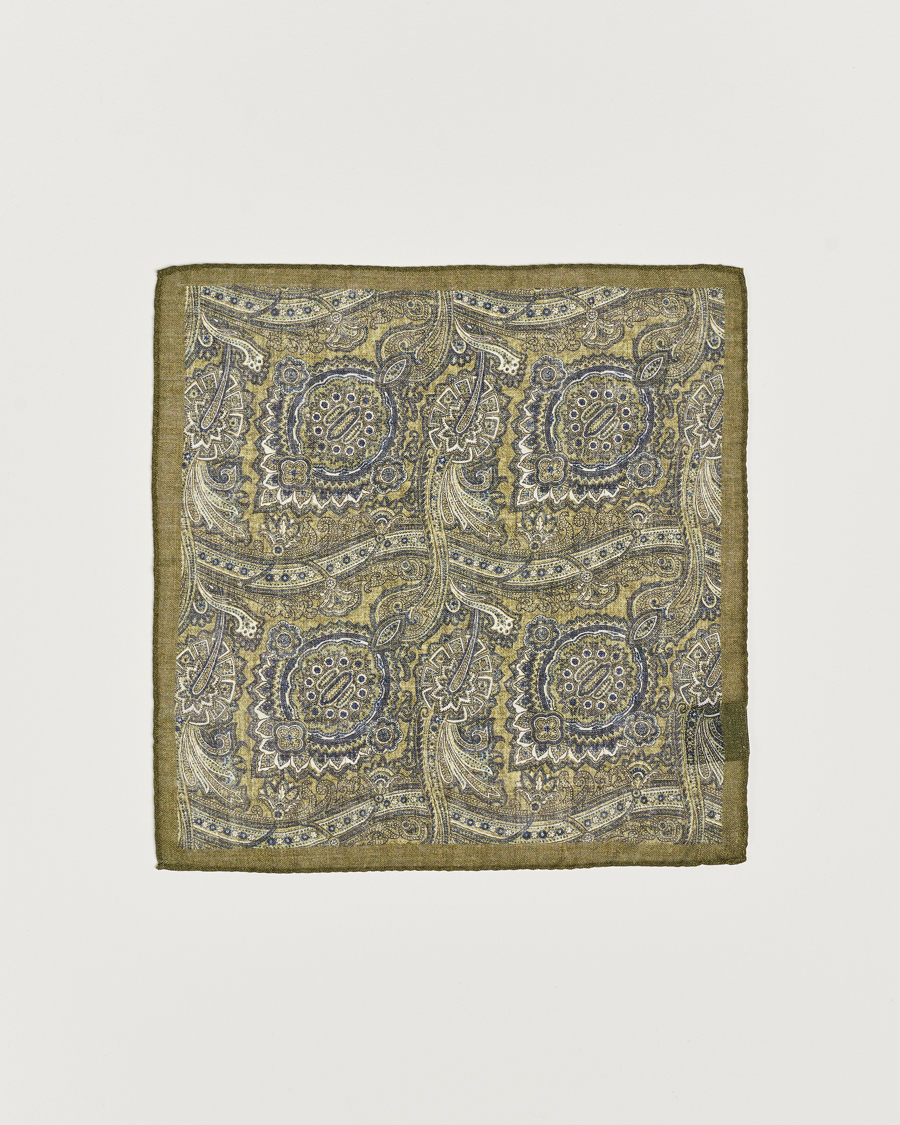 Herren | Amanda Christensen Wool Printed Large Paisley Pocket Square Green Melange | Amanda Christensen | Wool Printed Large Paisley Pocket Square Green Melange