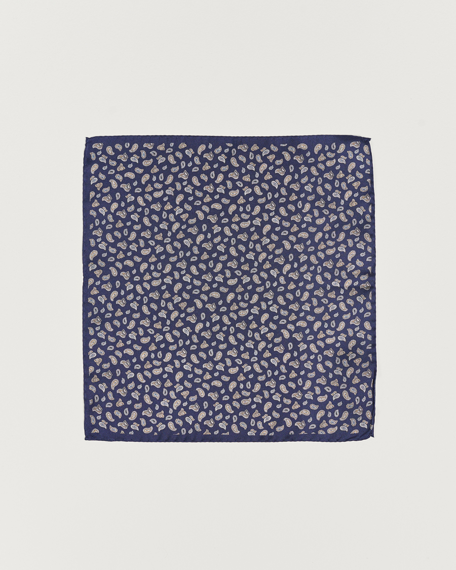 Herren | Amanda Christensen Silk Oxford Printed Paisley Pocket Square Navy | Amanda Christensen | Silk Oxford Printed Paisley Pocket Square Navy