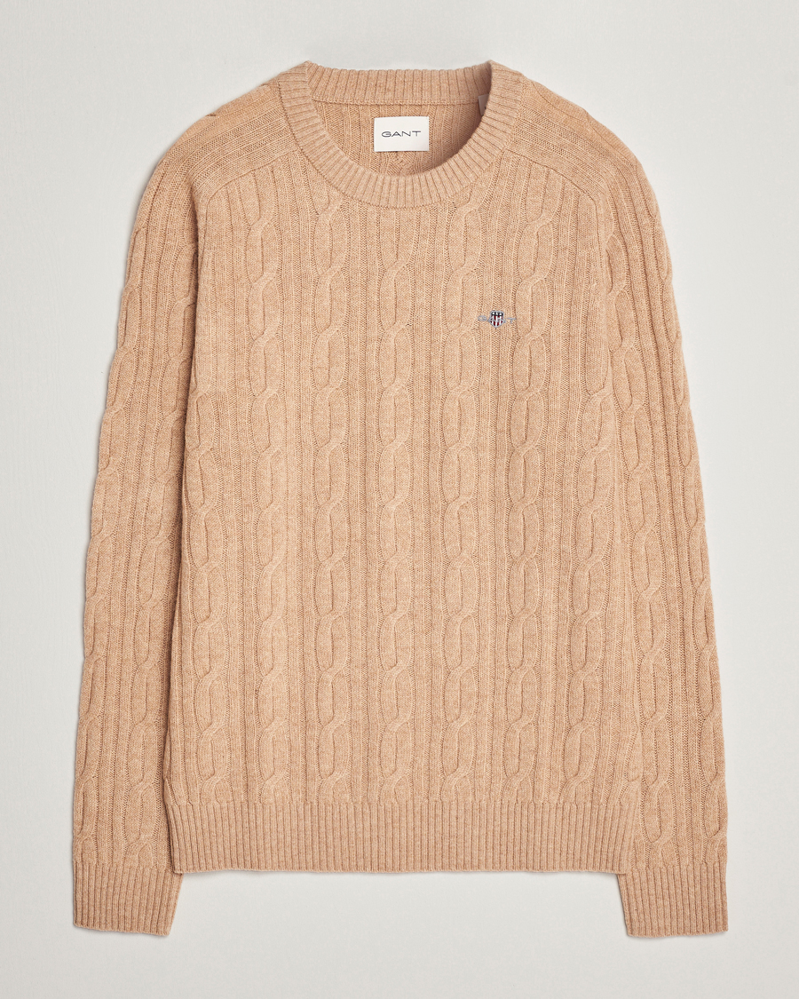 Herren | Pullover | GANT | Lambswool Cable Crew Neck Pullover Khaki Melange