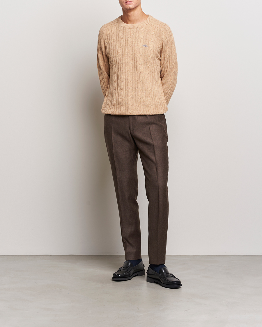Herren | Pullover | GANT | Lambswool Cable Crew Neck Pullover Khaki Melange