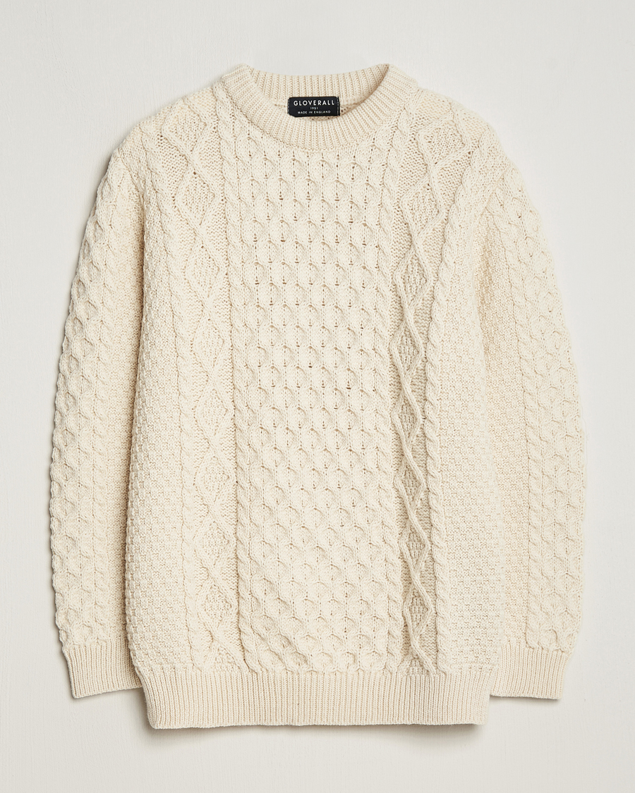 Herren | Pullover | Gloverall | Merino Wool Aran Cable Knitted Crew Neck Ecru