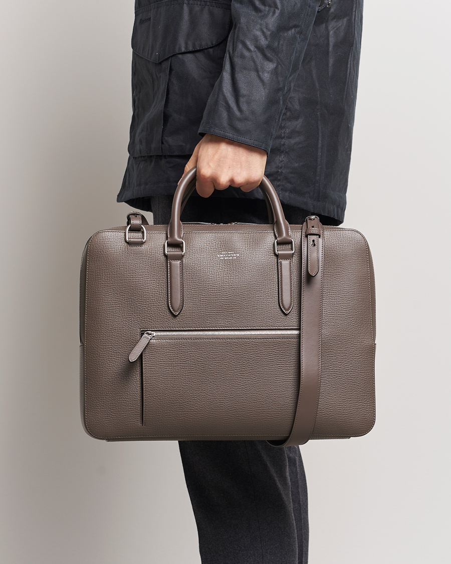 Men | Briefcases | Smythson | Ludlow Large Briefcase with Zip Front Dark Taupe