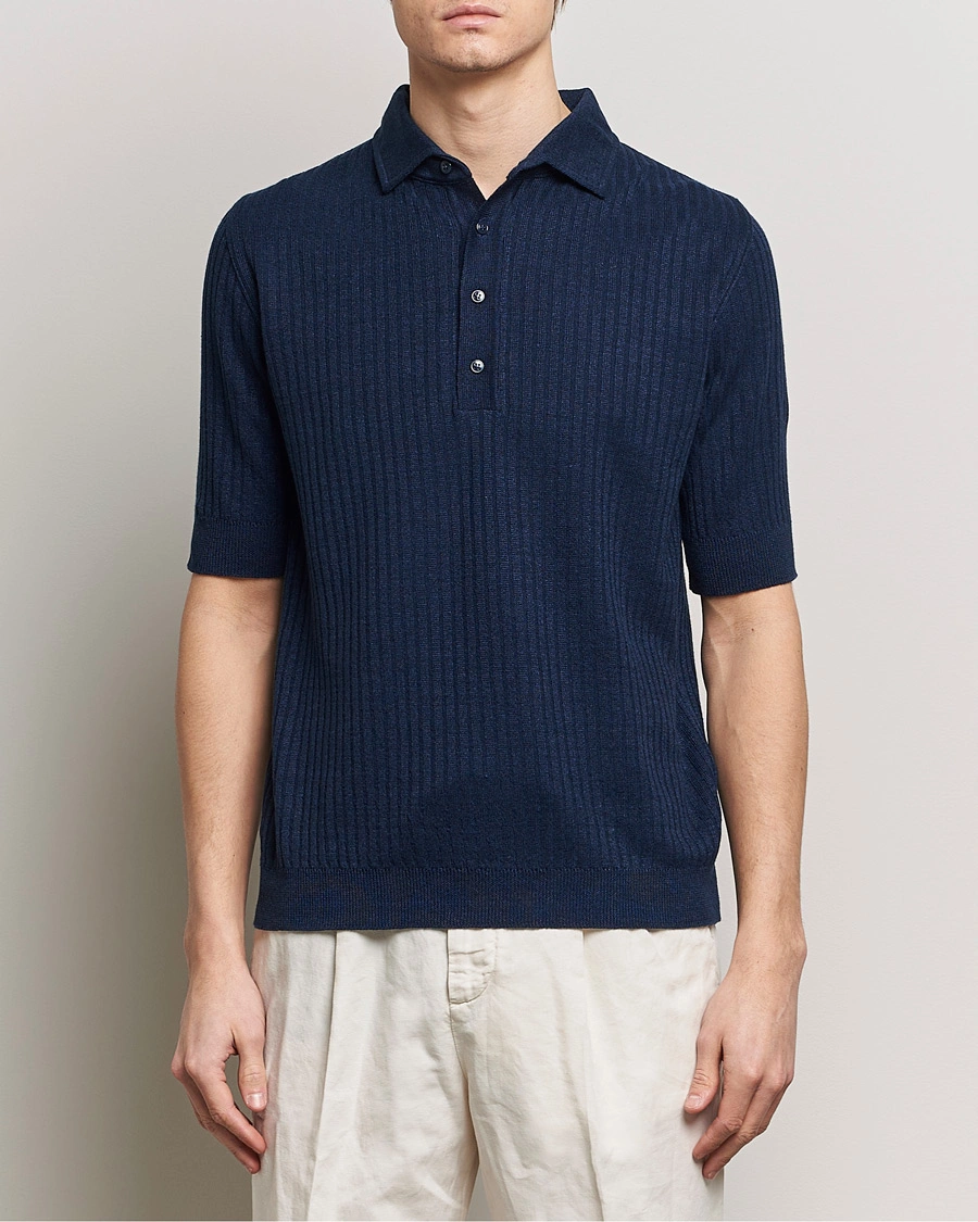 Herren | Poloshirt | Lardini | Structured Linen/Cotton Polo Navy