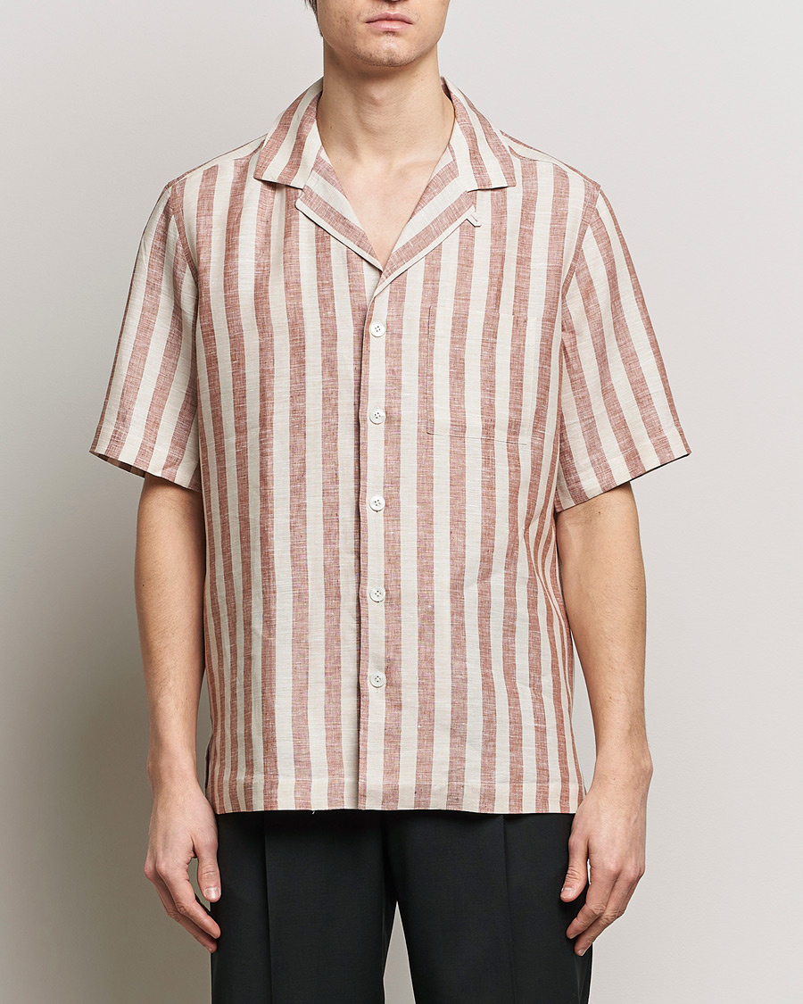 Herren | Lardini | Lardini | Striped Short Sleeve Linen Shirt Beige/Red