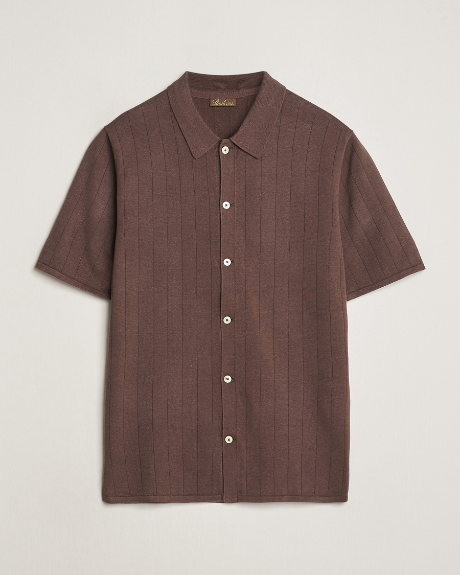 Herren | Poloshirts | Stenströms | Linen/Cotton Rib Knitted Buttonthru Shirt Brown
