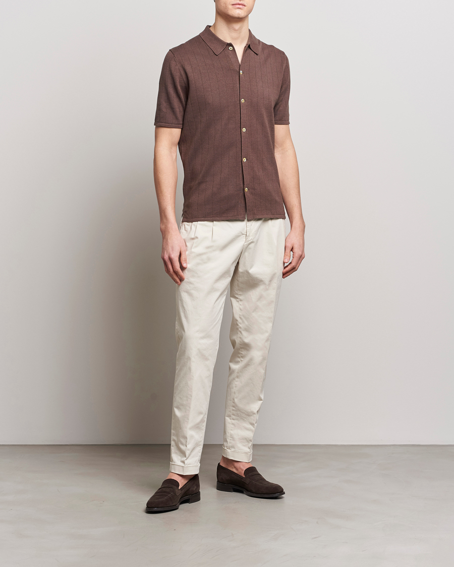 Herren | Poloshirts | Stenströms | Linen/Cotton Rib Knitted Buttonthru Shirt Brown