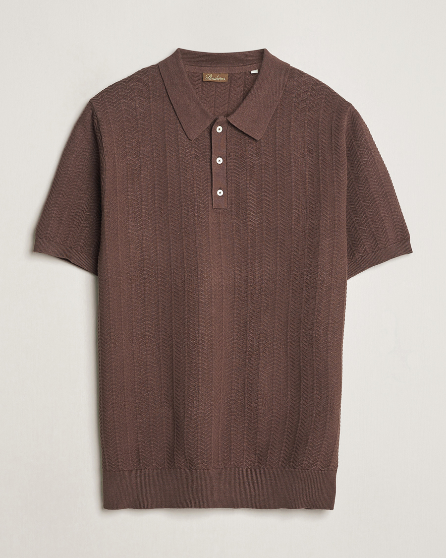 Herren | Poloshirts | Stenströms | Linen/Cotton Crochet Knitted Polo Shirt Brown