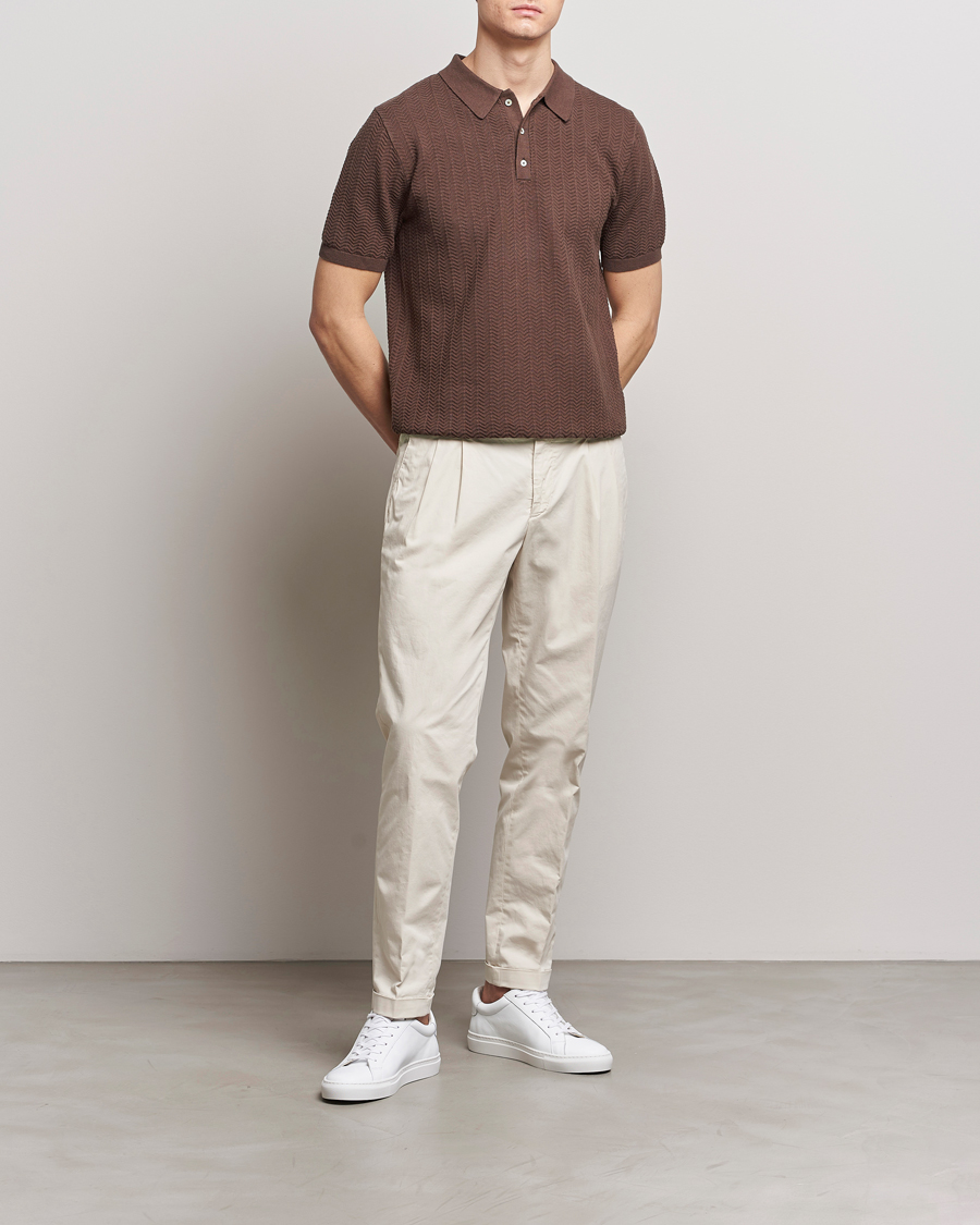 Herren | Poloshirts | Stenströms | Linen/Cotton Crochet Knitted Polo Shirt Brown