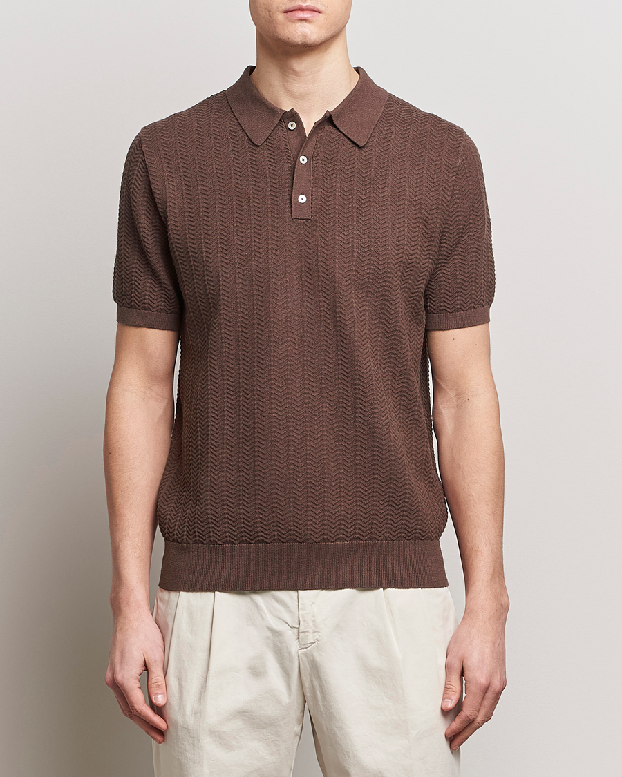 Herren | Kurzarm-Poloshirts | Stenströms | Linen/Cotton Crochet Knitted Polo Shirt Brown