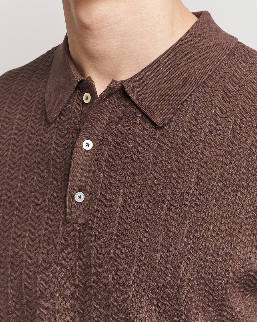 Herren | Poloshirts | Stenströms | Linen/Cotton Crochet Knitted Polo Shirt Brown