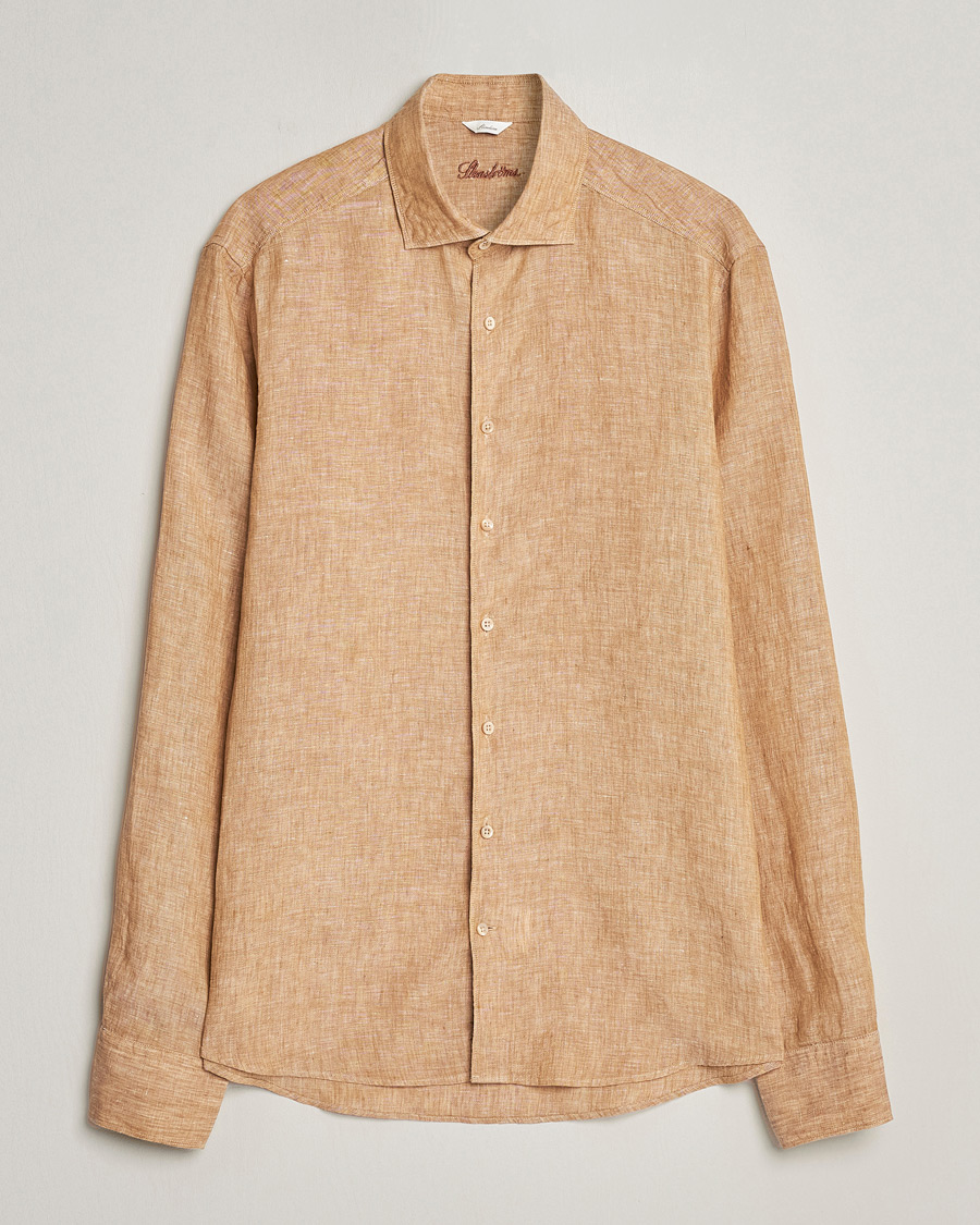 Herren | Hemden | Stenströms | Slimline Cut Away Linen Shirt Brown