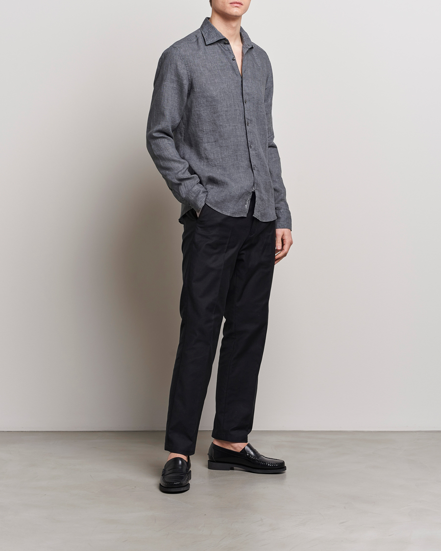 Herren | Hemden | Stenströms | Slimline Cut Away Linen Shirt Dark Grey