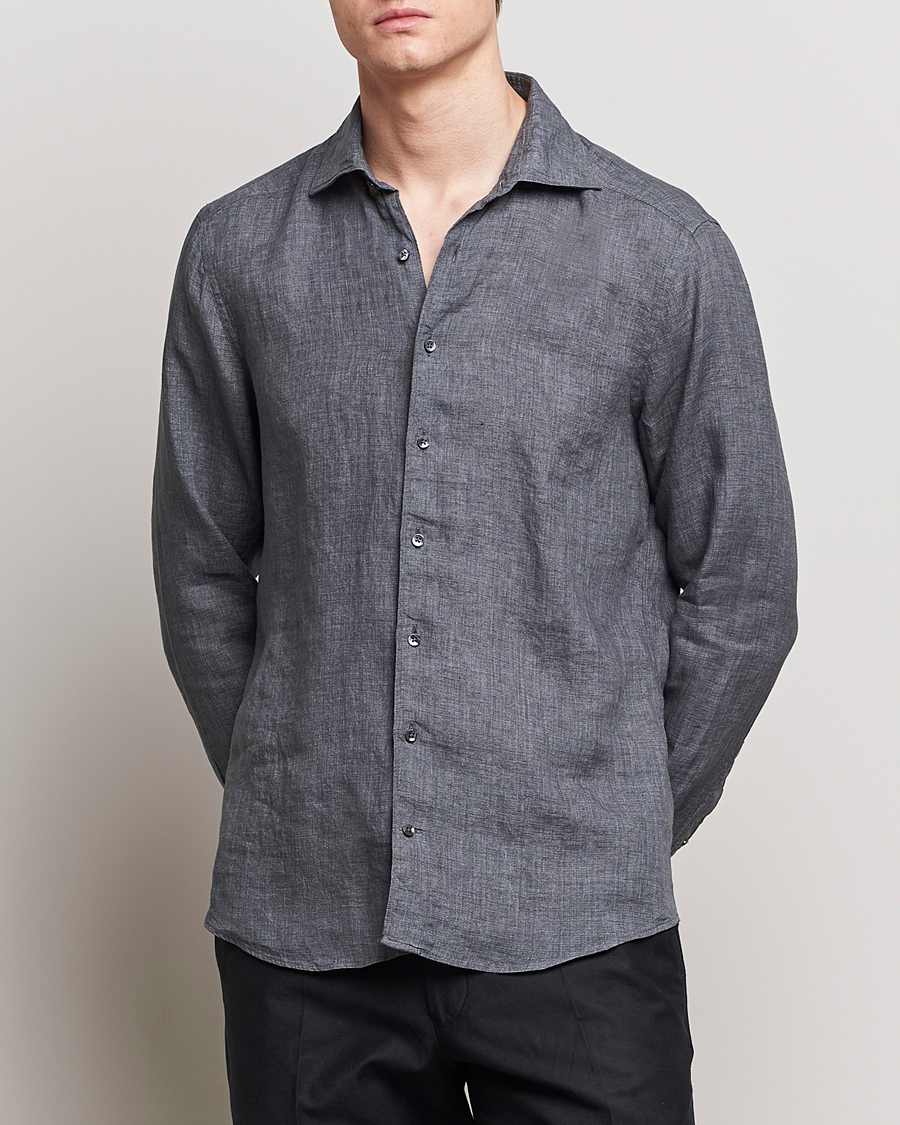 Herren | Leinenhemden | Stenströms | Slimline Cut Away Linen Shirt Dark Grey