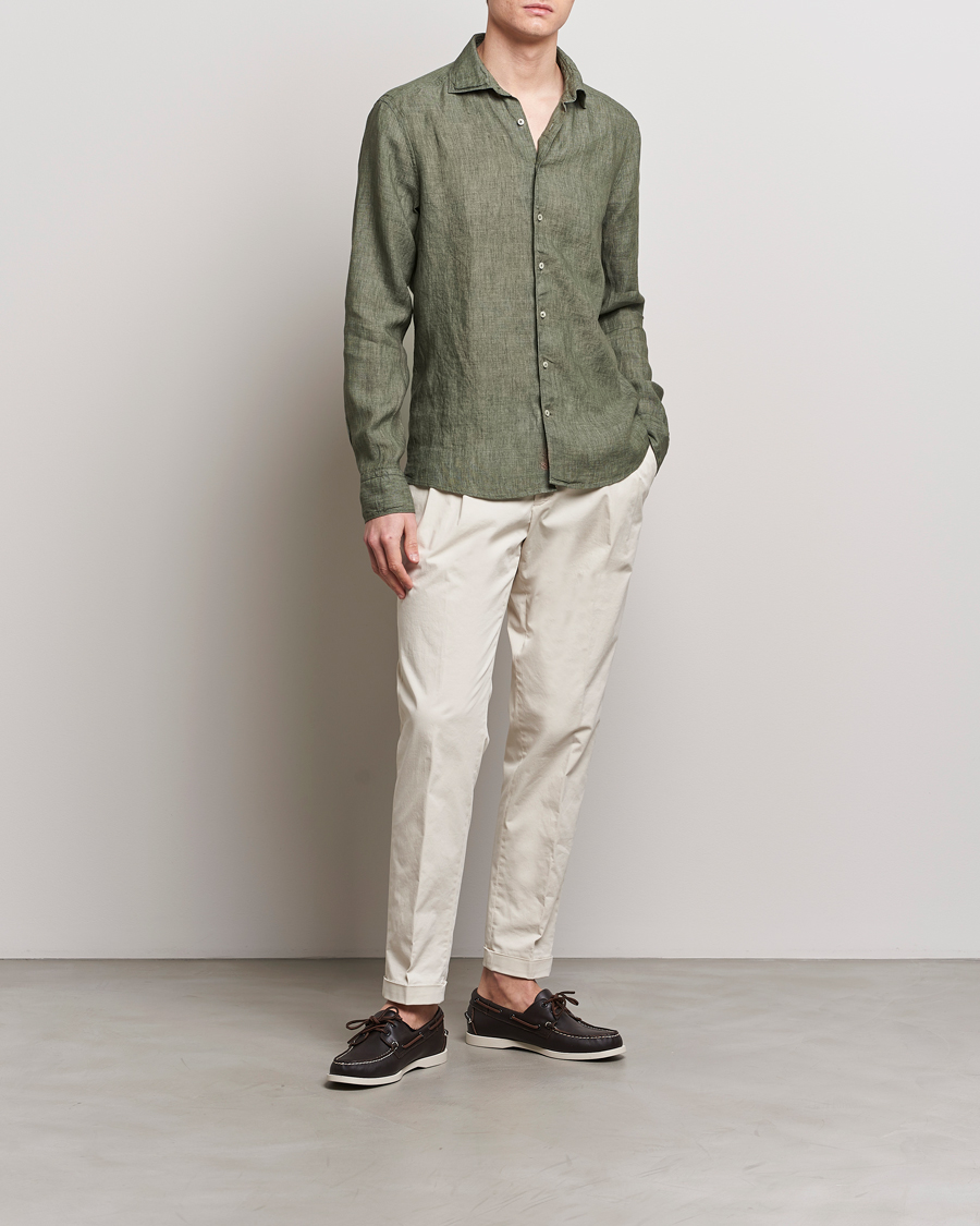 Herren | Hemden | Stenströms | Slimline Cut Away Linen Shirt Olive