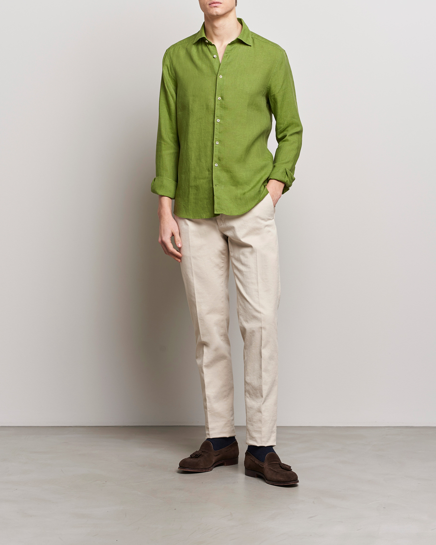 Herren | Hemden | Stenströms | Slimline Cut Away Linen Shirt Green