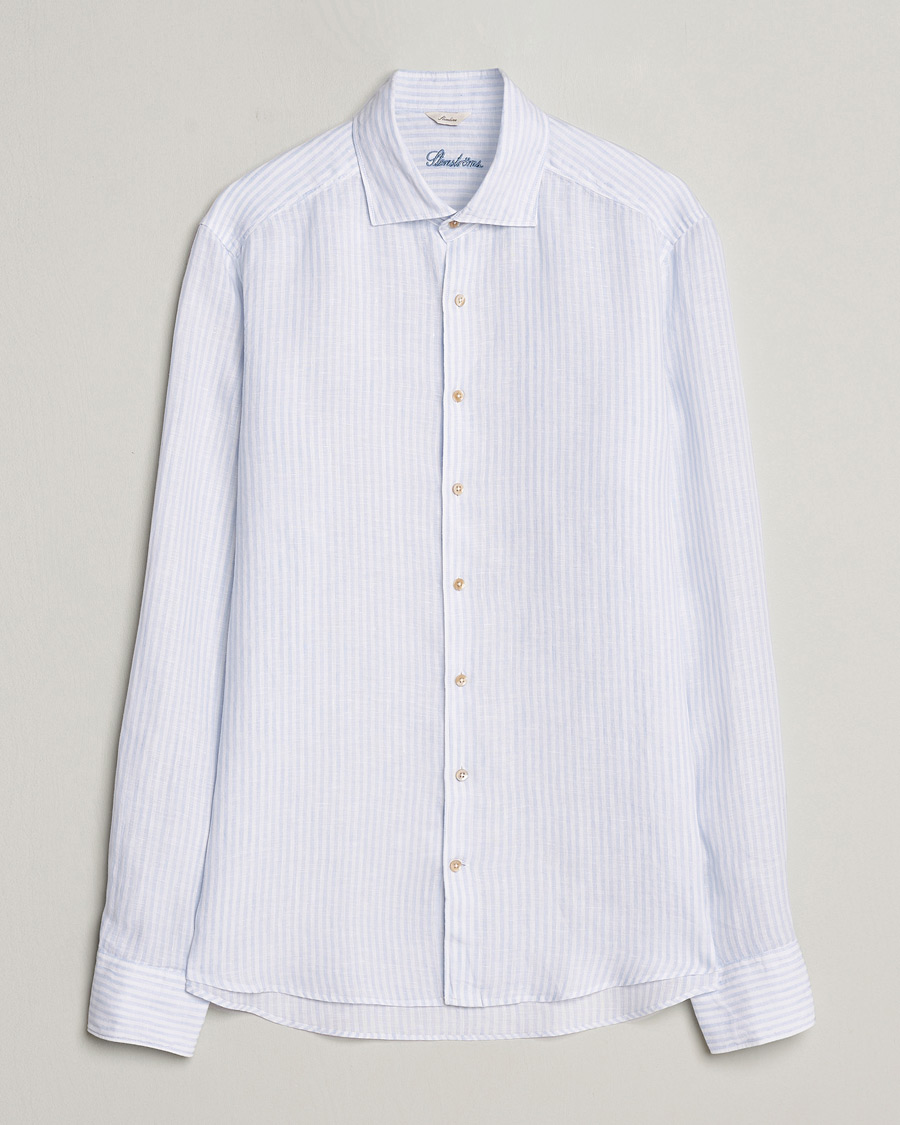 Herren | Hemden | Stenströms | Slimline Cut Away Striped Linen Shirt Light Blue