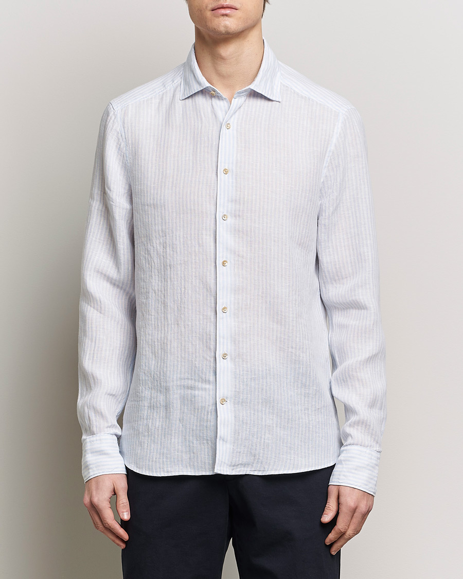 Herren | Freizeithemden | Stenströms | Slimline Cut Away Striped Linen Shirt Light Blue