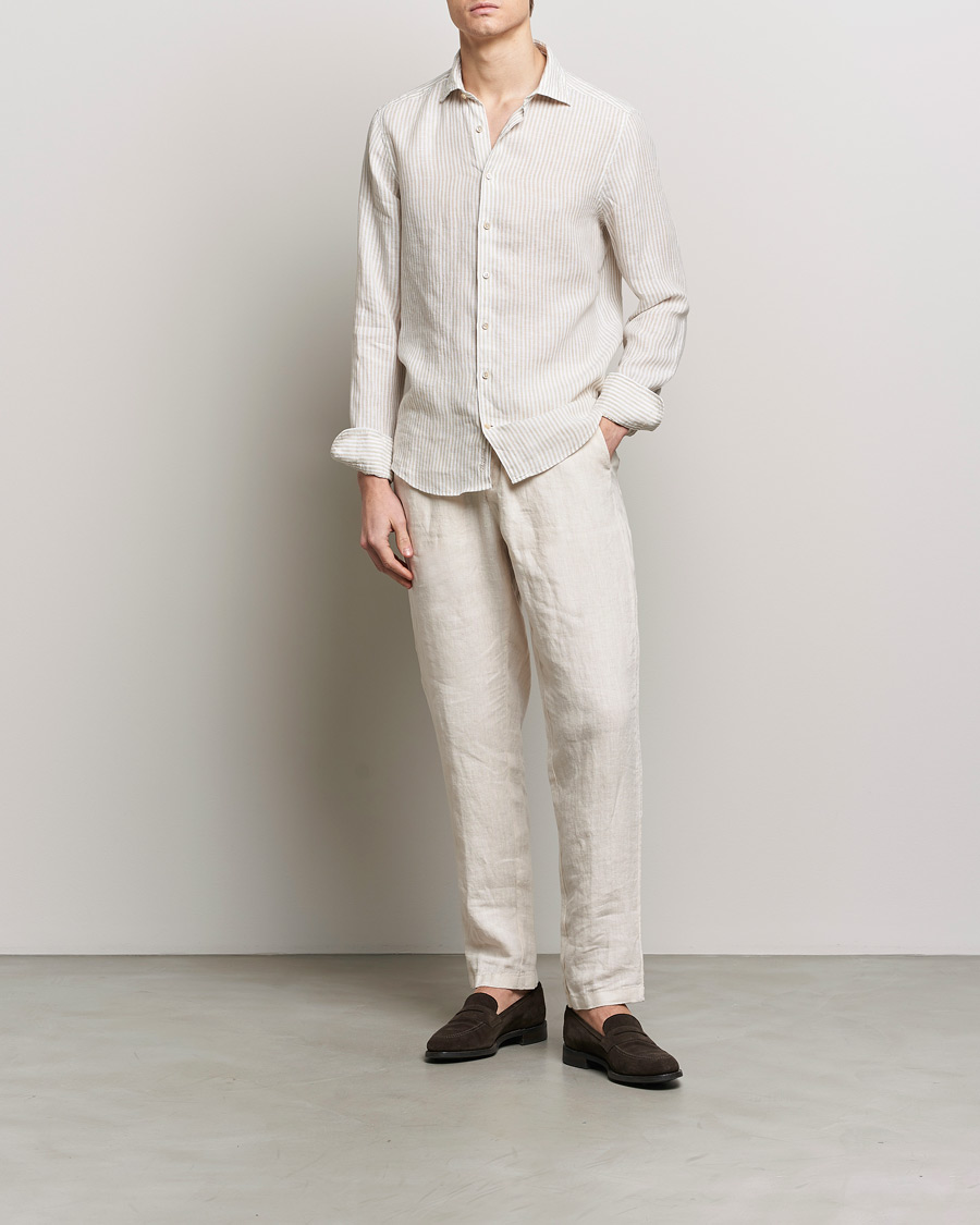 Herren | Hemden | Stenströms | Slimline Cut Away Striped Linen Shirt Beige