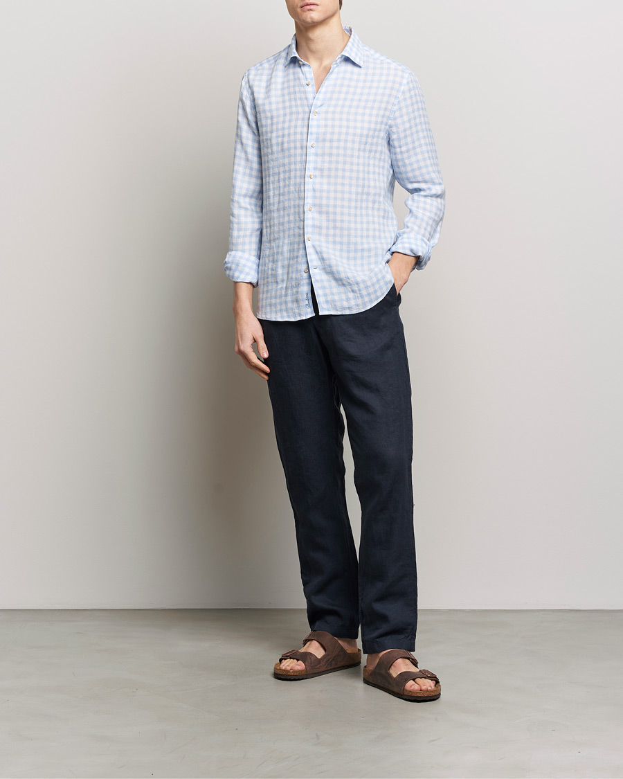 Herren | Hemden | Stenströms | Slimline Cut Away Checked Linen Shirt Light Blue