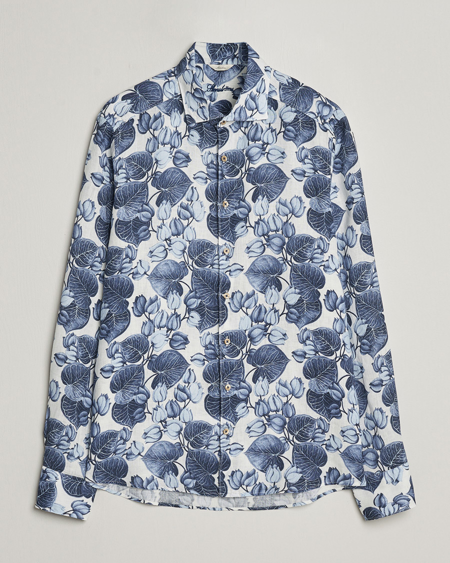 Herren | Hemden | Stenströms | Slimline Cut Away Printed Flower Linen Shirt Blue